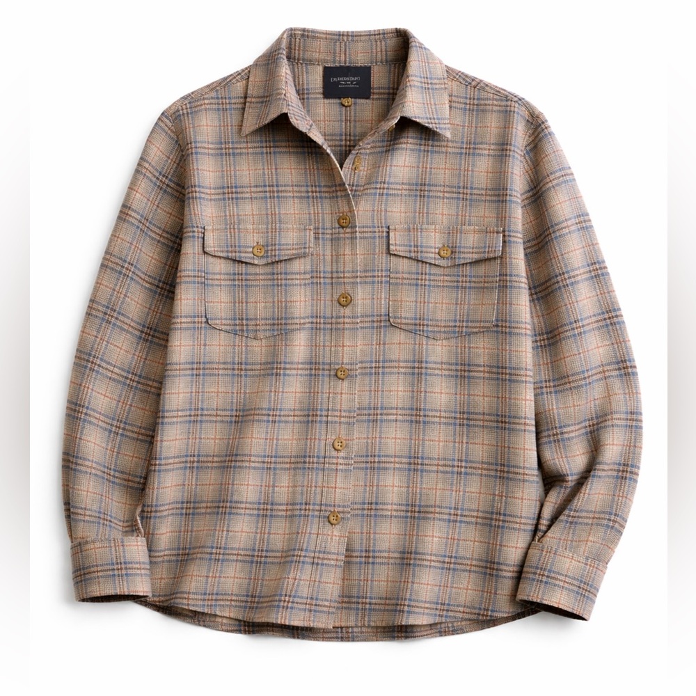 Woolrich Plaid Button Up Shirt Women L Stone Blue Brown Cotton Flannel CabinCore